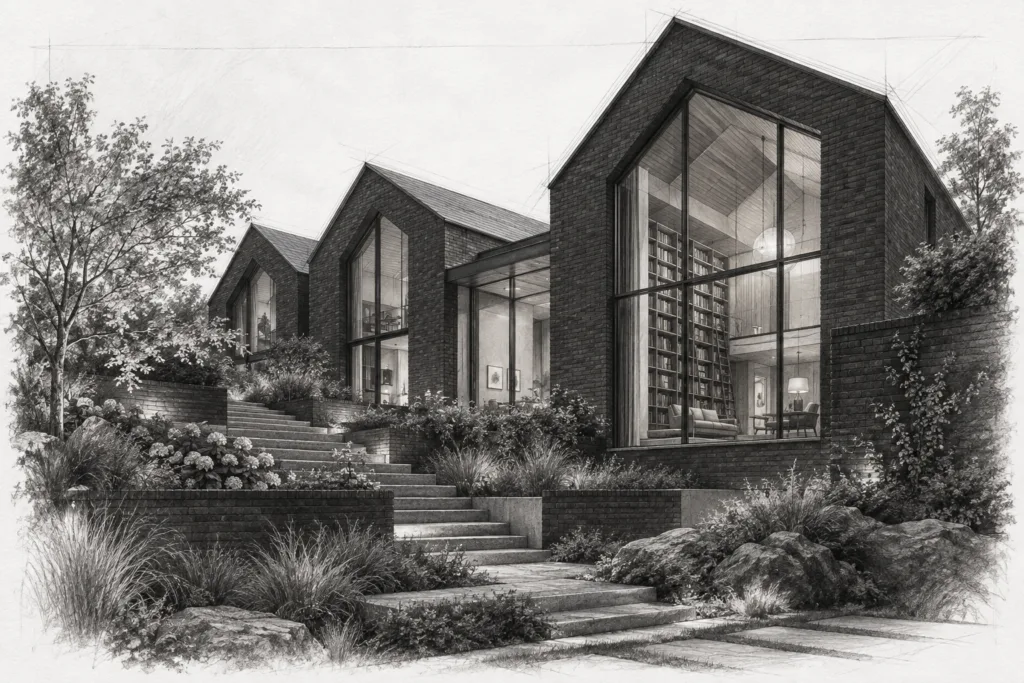 Brick ridge residence with a sawtooth roof, library, and garden stair.