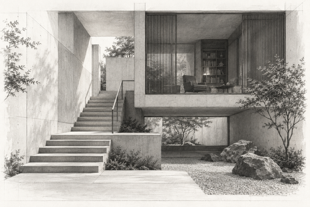 3 Keys To Unlock Your Teams Potential 1 Concrete residence with a split-level stair and screened reading room.