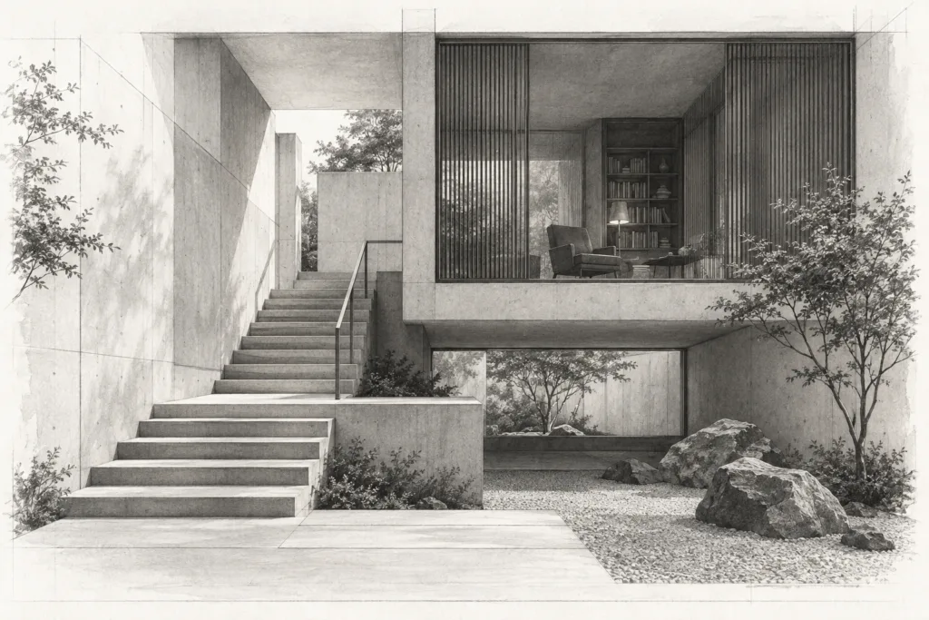 Concrete residence with a split-level stair and screened reading room.