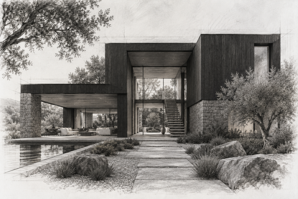 Blackened-timber residence with a sheltered loggia and central stair.