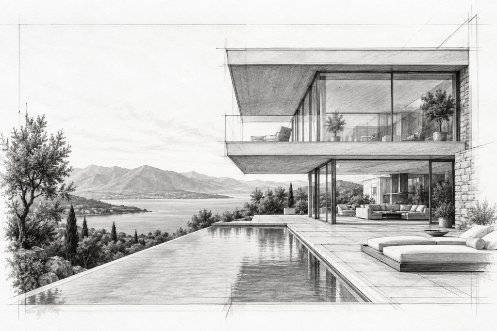 Travertine courtyard residence with a glass stair and library workroom.