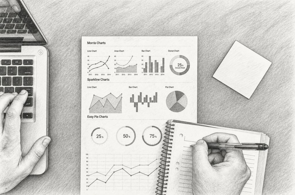 Hands reviewing printed charts beside a calculator and notebook.