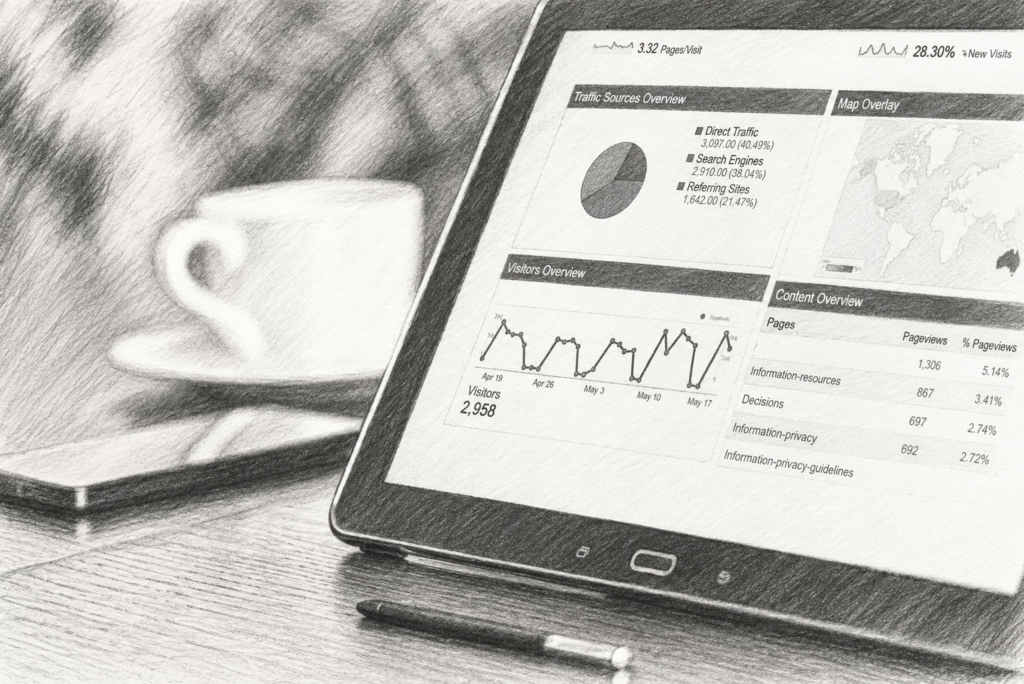 Excel Brokerage What If Forecaster 1 Tablet displaying charts on a desk beside a coffee cup.