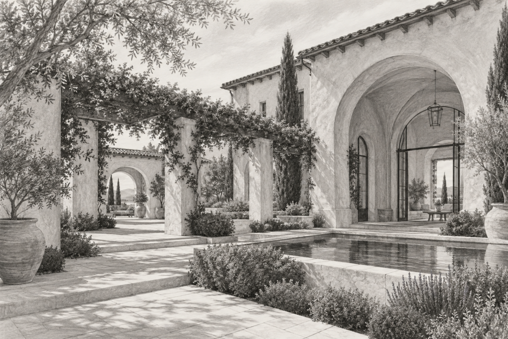 Customer Experience Starts Here 1 Mediterranean residence with a vaulted garden wing and linked courtyards.