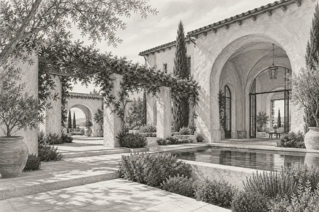 Mediterranean residence with a vaulted garden wing and linked courtyards.