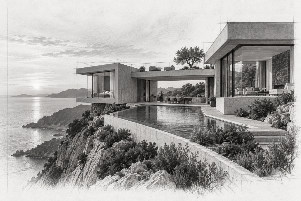 Cliffside residence with offset concrete wings and a bridging roof terrace.