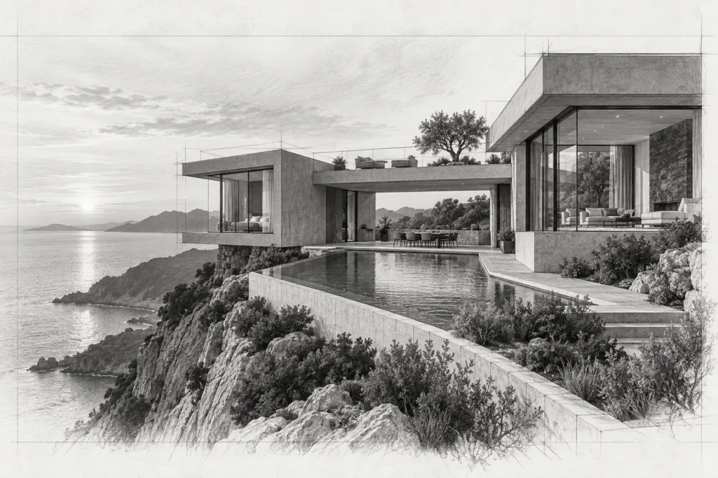 Why Associates Fail 1 Cliffside residence with offset concrete wings and a bridging roof terrace.