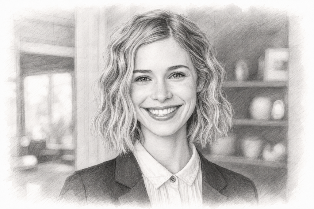How To Retain Talented People In Your Real Estate Business 1 Graphite portrait illustration of a smiling woman with wavy hair, a white shirt and a dark jacket.