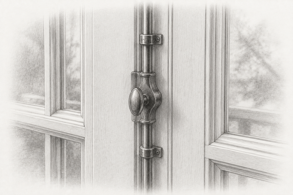 Consulting For Your Real Estate Team 1 Charcoal detail of a bronze door-lock mechanism mounted between two painted French doors.