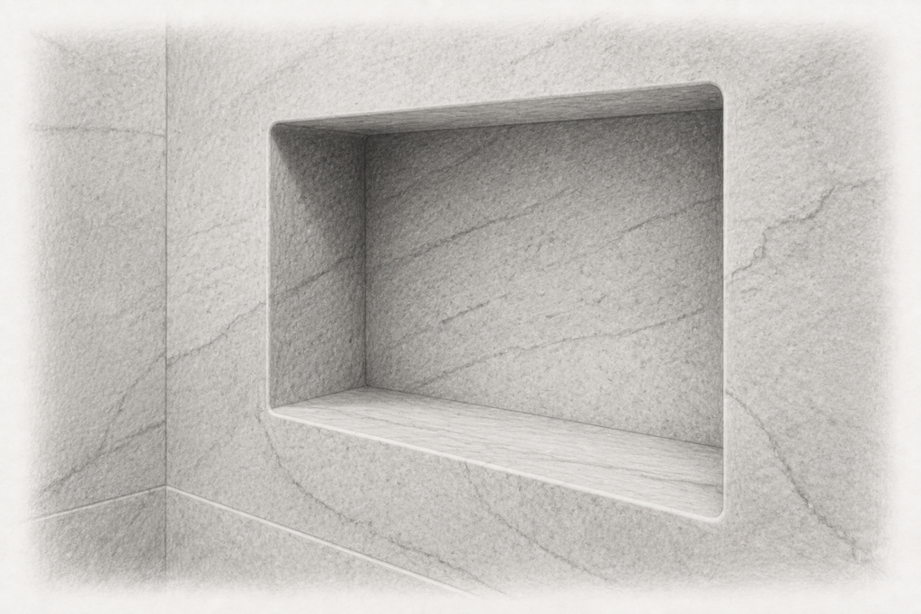 Consulting For Your Brokerage 1 Charcoal detail of a recessed limestone shower niche with rounded corners.