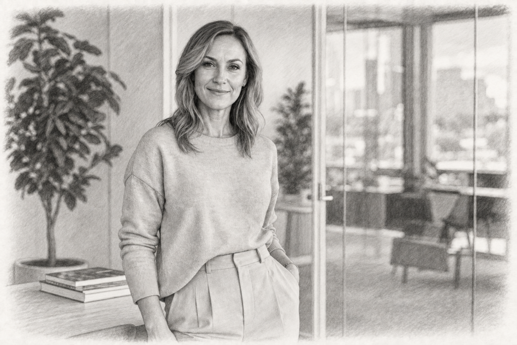 Turn One Past Client Meeting Into Your Next Pipeline 1 Charcoal portrait of a woman in a light sweater and pleated trousers beside a table and glazed room.