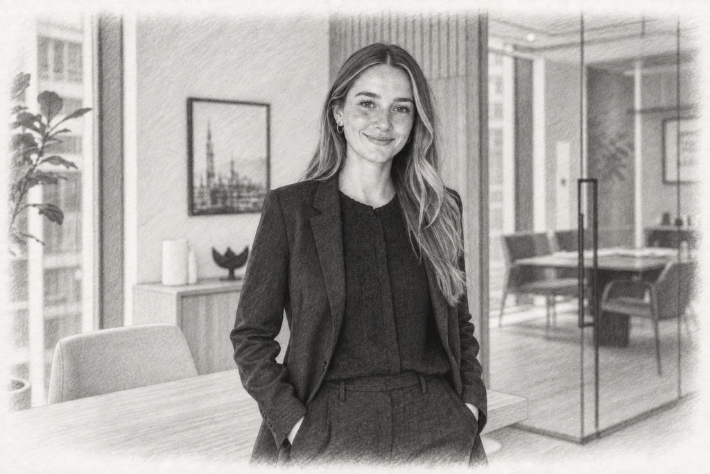 How Clearer Seller Decisions Can Win More Listings 1 Charcoal portrait of a woman in a dark suit beside a timber table and glass meeting room.