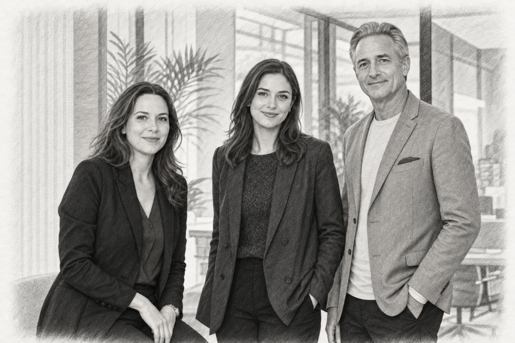 Turn Rare Lender-Owned Listings Into Repeat Business 1 Charcoal portrait of two women and a gray-haired man in jackets in a bright room.