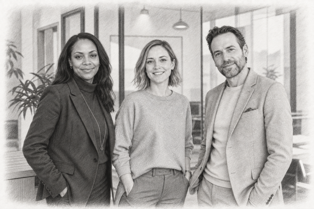 Win More Luxury Listings By Advising Before You’re Hired 1 Charcoal portrait of two women and a man standing beside a timber counter and glazed partitions.