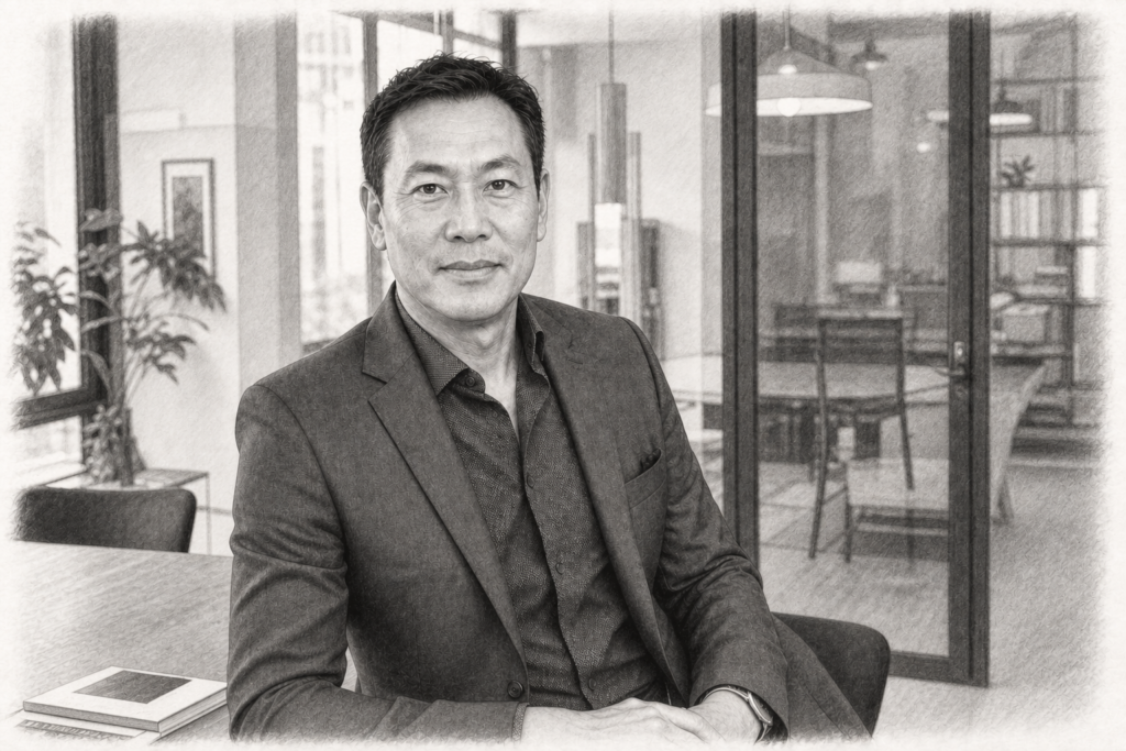 Charcoal portrait of a seated man in a dark jacket beside a table and glass-walled room.