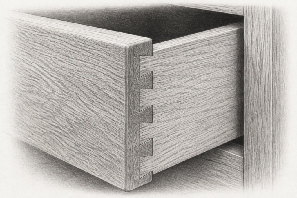 What We Believe About Working Together 1 Charcoal detail of an exposed dovetail joint on a solid oak cabinet drawer.