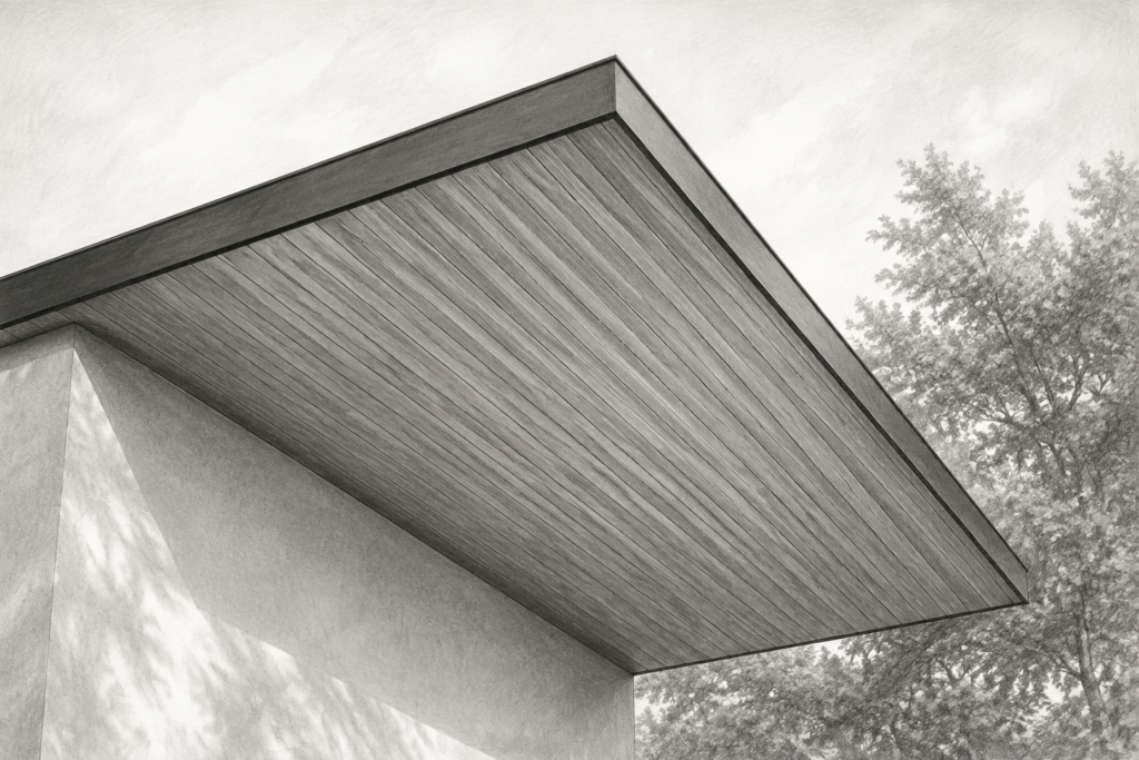 Business Consulting For Established Brokerages 1 Charcoal view of a cantilevered timber-lined roof eave above a pale exterior wall.