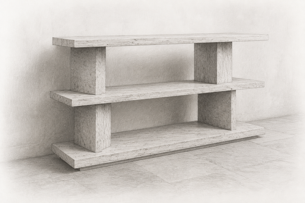 Business Consulting For Growing Brokerages 1 Charcoal drawing of a freestanding limestone shelving screen with offset supports.