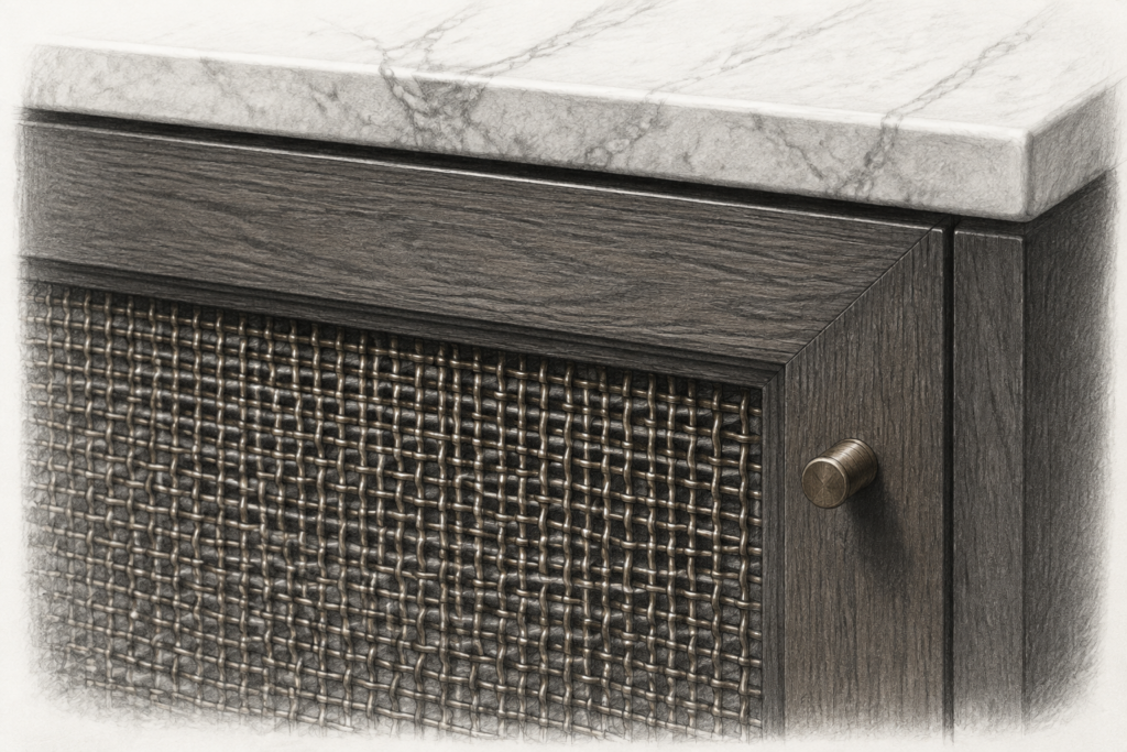 Business Consulting For Boutique Brokerages 1 Charcoal detail of woven bronze mesh set into a walnut cabinet door.