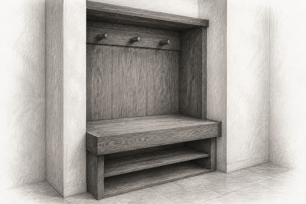 Building Your First Real Estate Team 1 Charcoal drawing of an oak coat alcove with a fitted bench, three pegs and an open shelf.