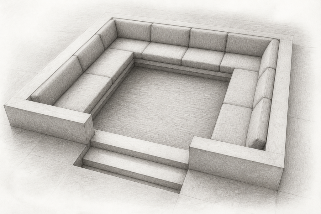 Charcoal drawing of a sunken sitting area with low seating on three sides and two entry steps.