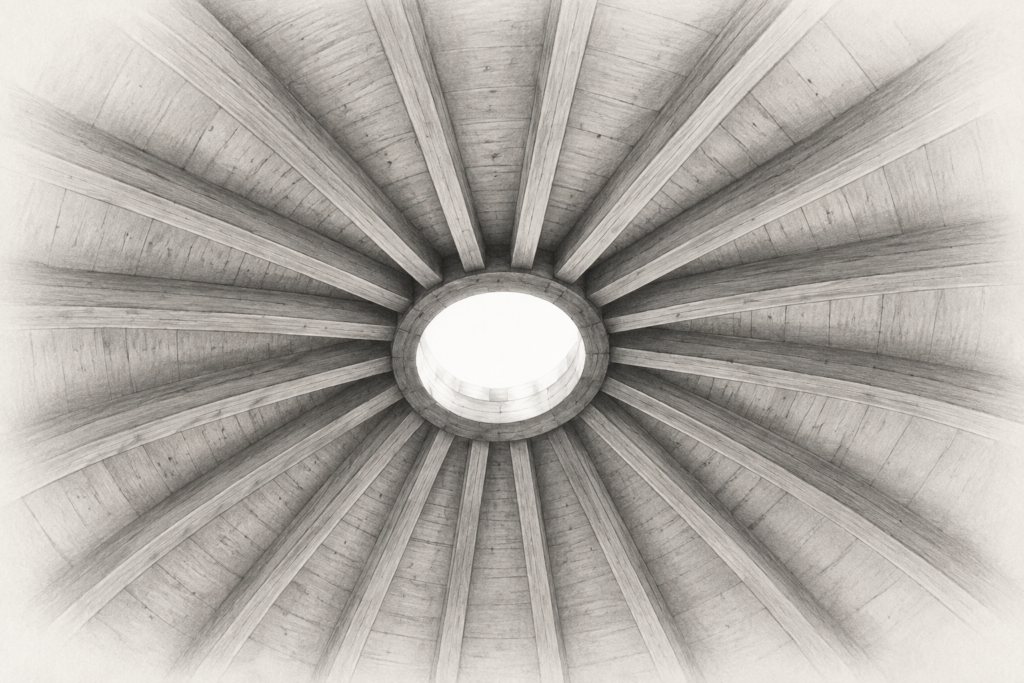 Consulting For Established Real Estate Teams 1 Charcoal drawing looking up at timber ceiling ribs arranged around a circular roof opening.