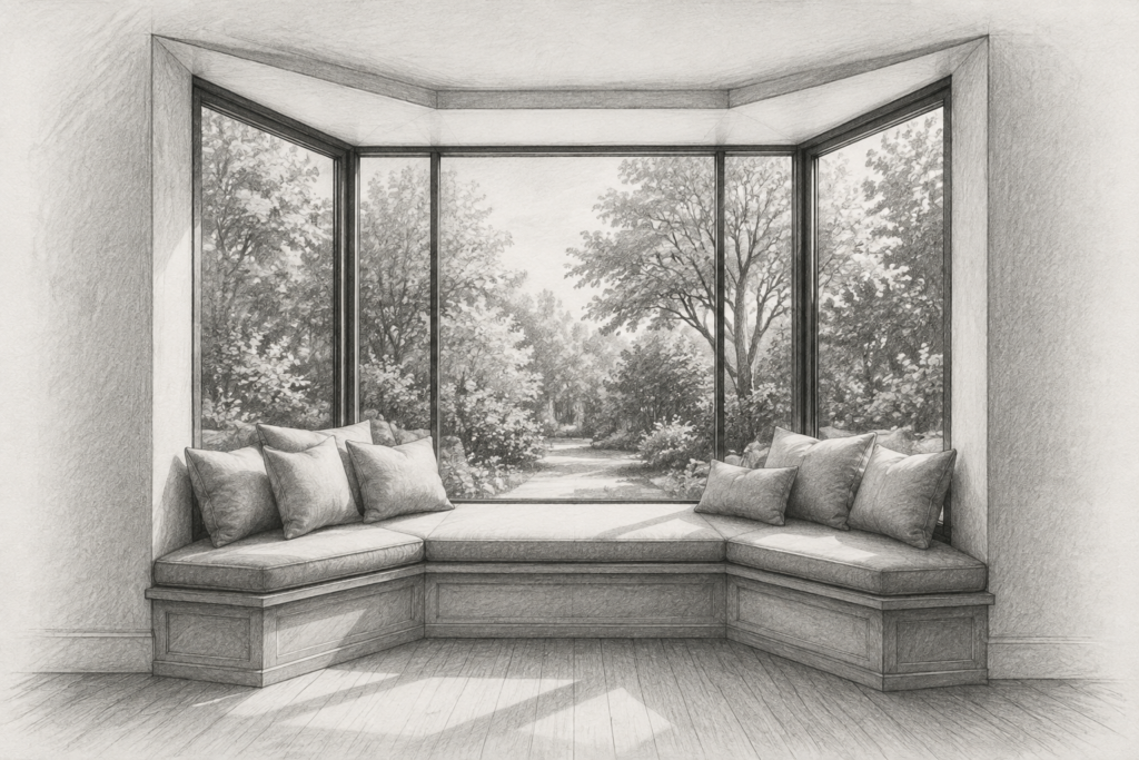 Charcoal drawing of an upholstered seat fitted into a three-sided bay window.