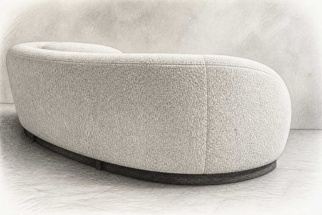 Charcoal detail of a curved bouclé sofa with a recessed timber base.