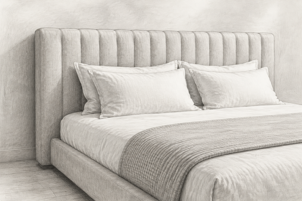 Choose The Next Priority For Your Real Estate Business 1 Charcoal drawing of a bed with a broad channelled headboard and tailored linen pillows.