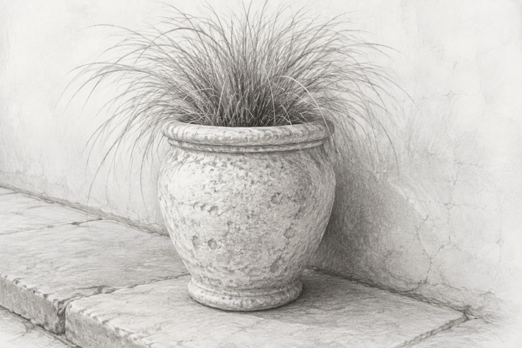 Real Estate Recruiting Strategy And Consulting 1 Charcoal drawing of ornamental grasses growing in a carved limestone garden urn.