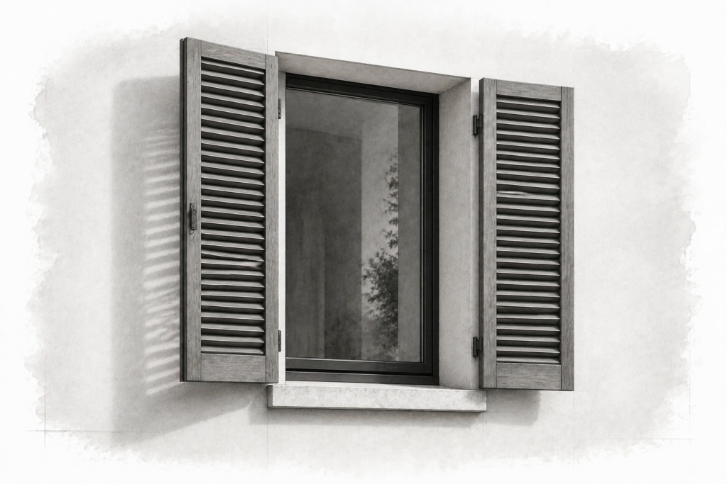 Graphite study of open timber louvered shutters framing a tall recessed window.