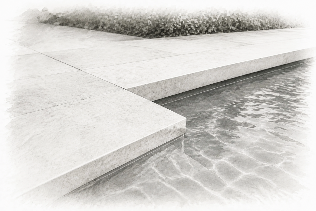 Sotheby’s Vs Luxury Portfolio: What Clients Should Compare 1 Graphite architectural illustration of pale stone pool coping beside gently rippled water.