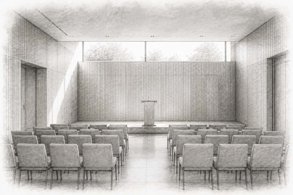Real Estate Speaking, Grounded In The Work. 1 Graphite illustration of an empty conference room with rows of chairs facing a lectern.