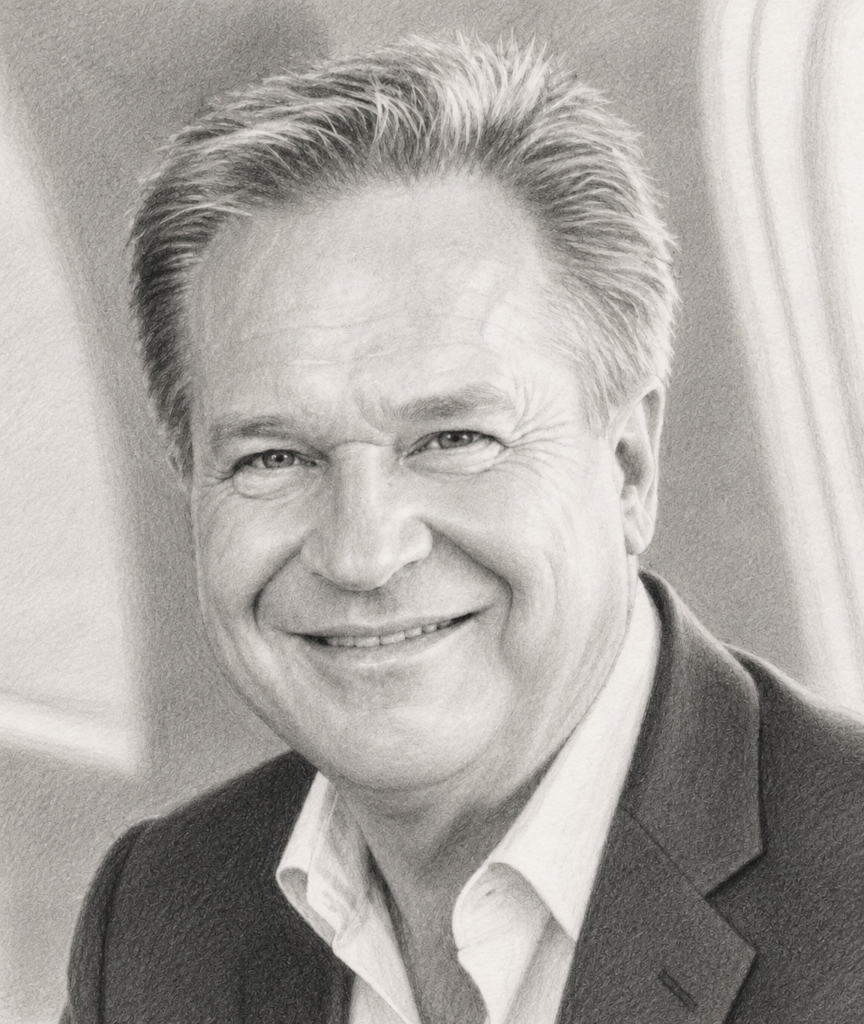 Stephen O’hara. 1 Charcoal portrait of Stephen O’Hara in a dark jacket and open-collar white shirt.