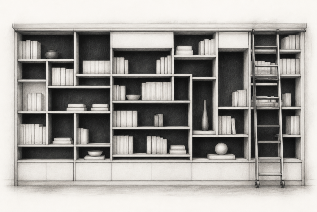 Graphite architectural illustration of a fitted library wall and a rolling ladder.