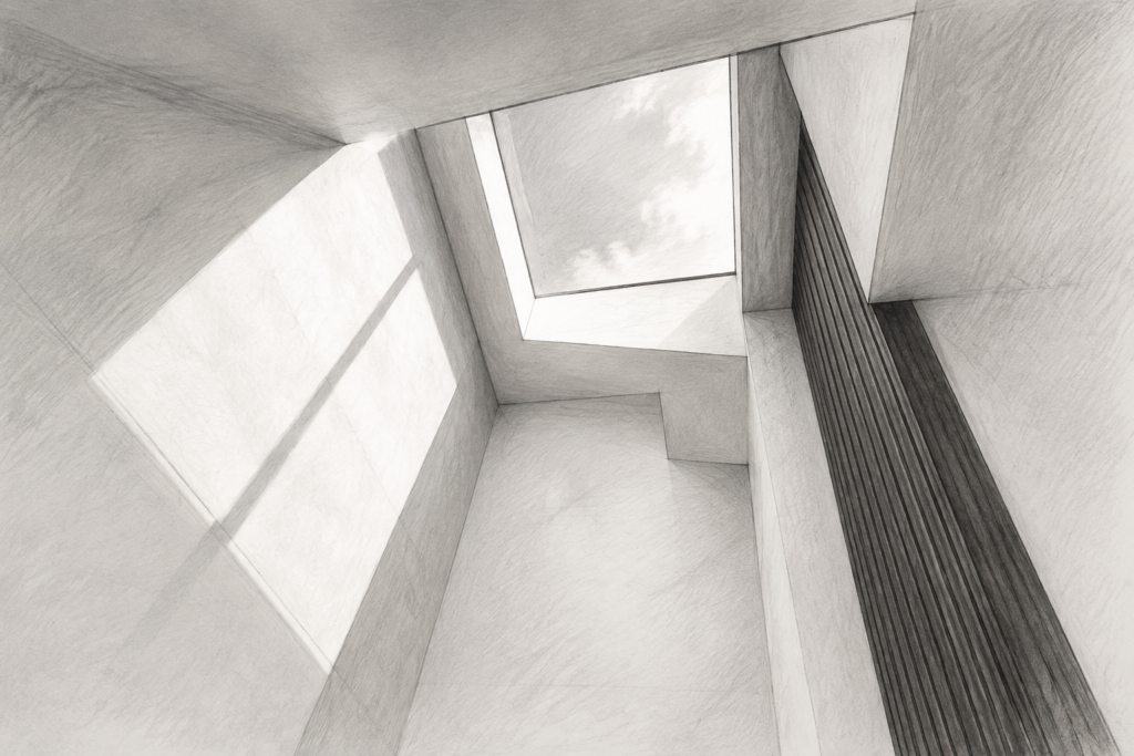 Recruiting Survey V2: Understand Business Challenges 1 Graphite architectural illustration looking upward through a light well to an offset rooflight.