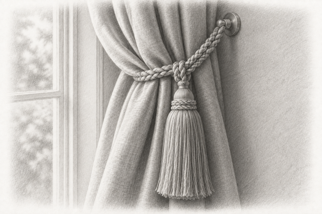 Grow Listing Capacity Without Making Yourself The Hire 1 Charcoal detail of a braided silk curtain tieback and tassel beside a window.