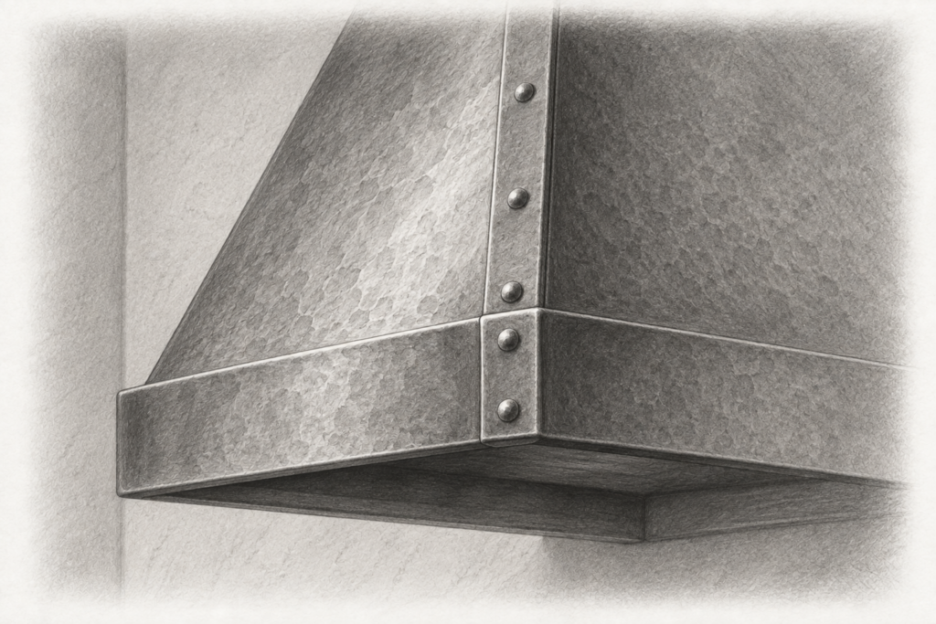 Charcoal detail of a tapered metal range hood with a folded rim and riveted seam.