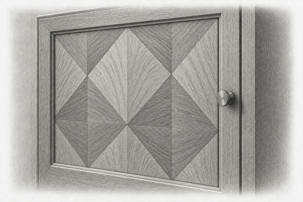 Charcoal detail of diamond-pattern timber marquetry in a framed cabinet door.