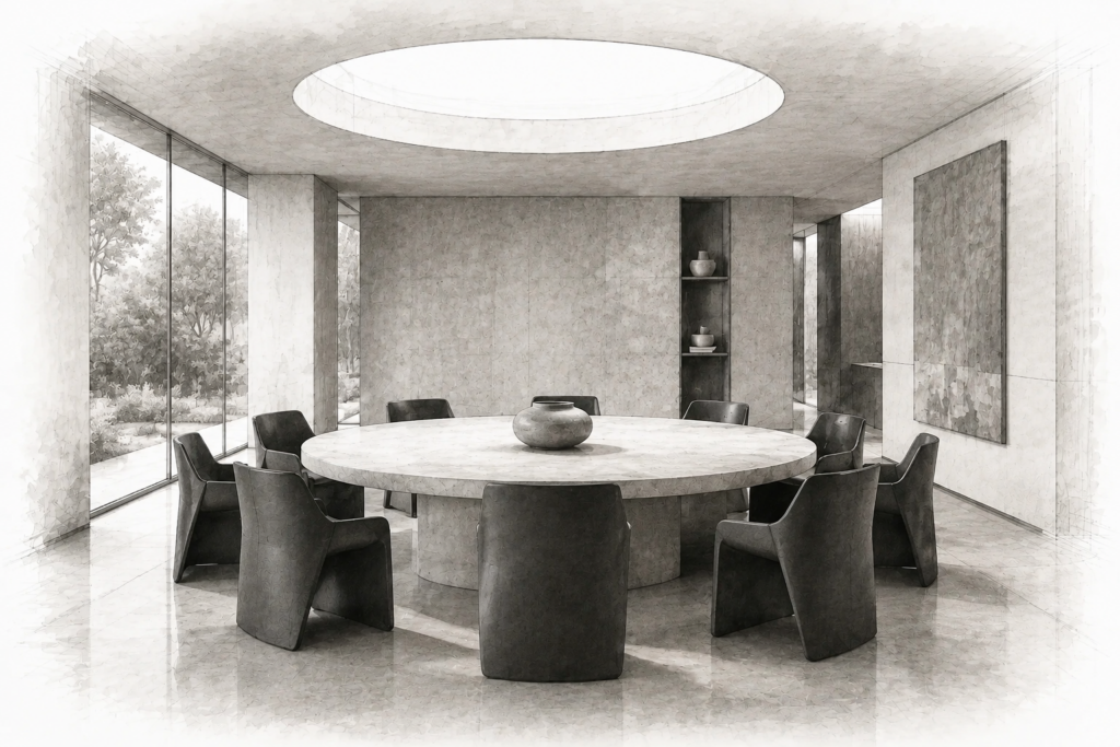 Graphite study of a round stone table and sculptural chairs beneath a circular skylight.