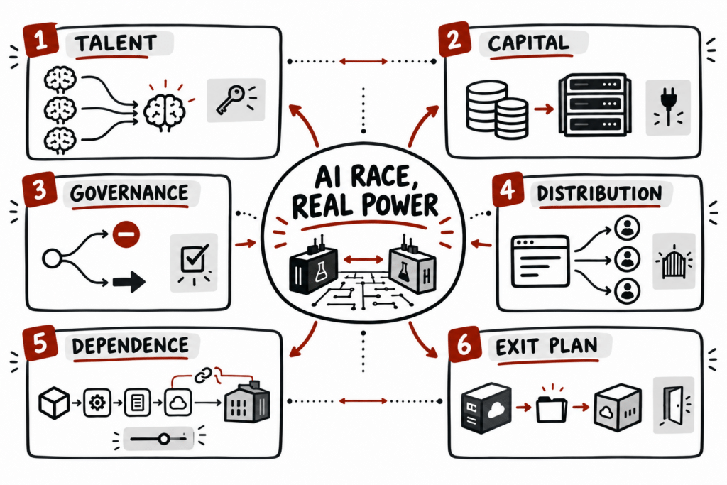 Sketchnote of AI power: talent, capital, governance, distribution, platform dependence, and exit planning.